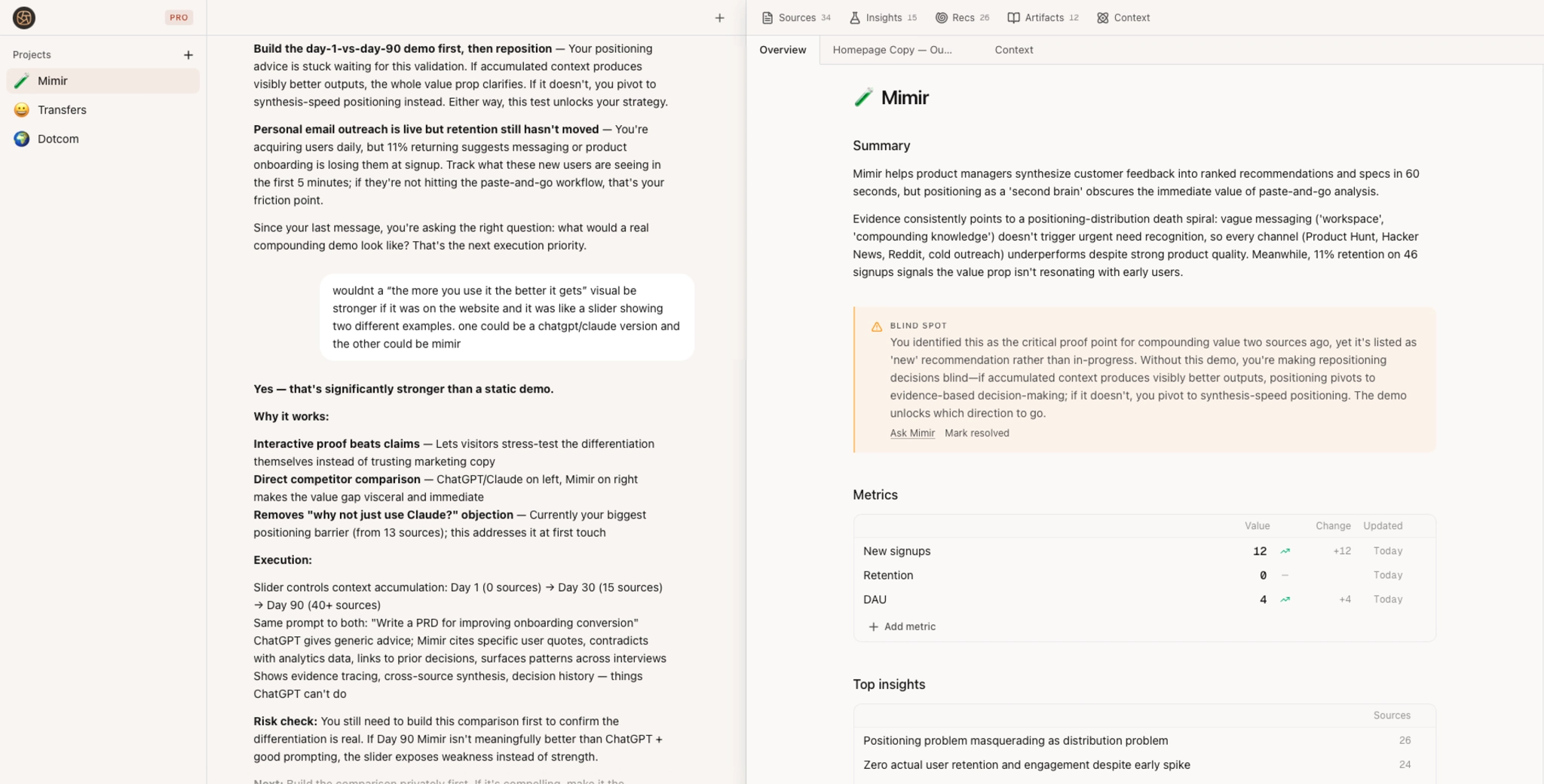 Mimir workspace showing themes, chat, and recommendations
